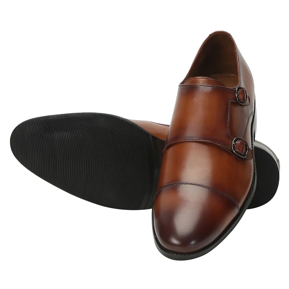 Dark Tan Leather Rounded Cap Toe Double Monk Strap Formal Shoes By Brune & Bareskin