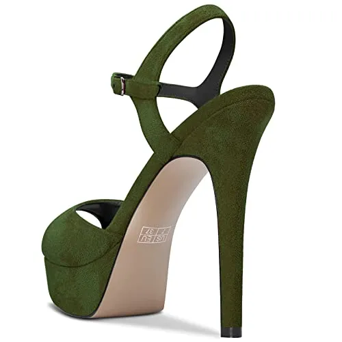 DearOnly Womens Platform Sandals Peep Open Toe Ankle Strap Stiletto High Heel Suede Dress Shoes Bridal Wedding Olive Green 5 Inch