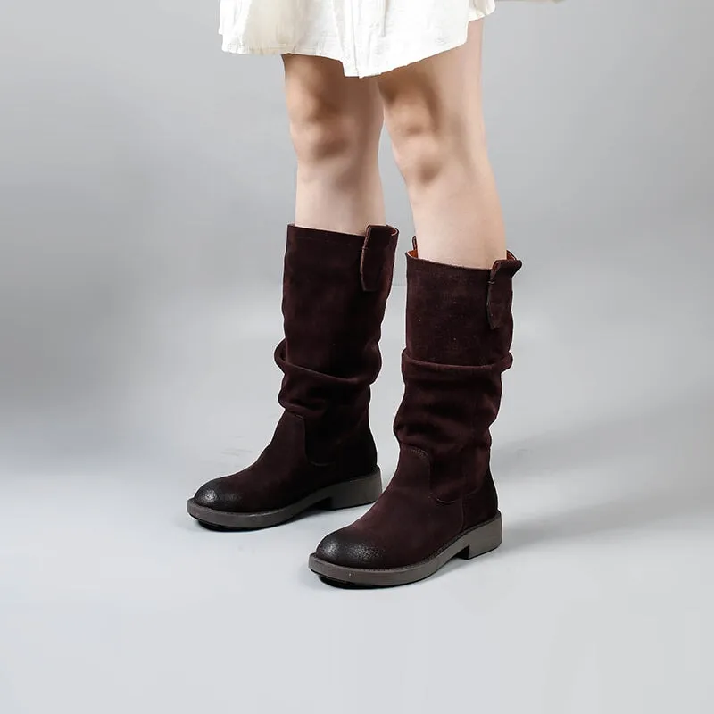 Designer Suede Leather Knee High Boots Fold Design Riding Boots in Black/Brown/Apricot/Coffee