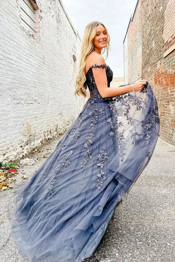 Elegant A Line Sweetheart Neck Tulle Lace Off Shoulder Long Prom Dress PSK423