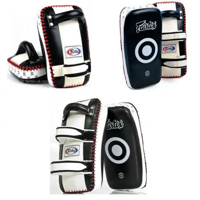 FAIRTEX KPLC2 CURVED MUAY THAI BOXING MMA KICK PADS Size Standard Cowhide Leather Black White