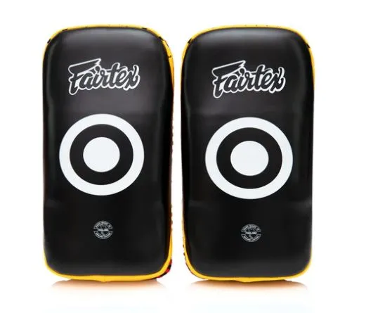 FAIRTEX KPLC2 CURVED MUAY THAI BOXING MMA KICK PADS Size Standard Cowhide Leather Black Yellow