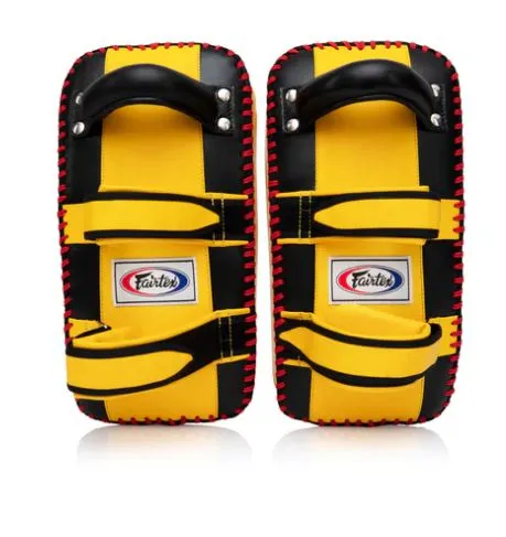 FAIRTEX KPLC2 CURVED MUAY THAI BOXING MMA KICK PADS Size Standard Cowhide Leather Black Yellow