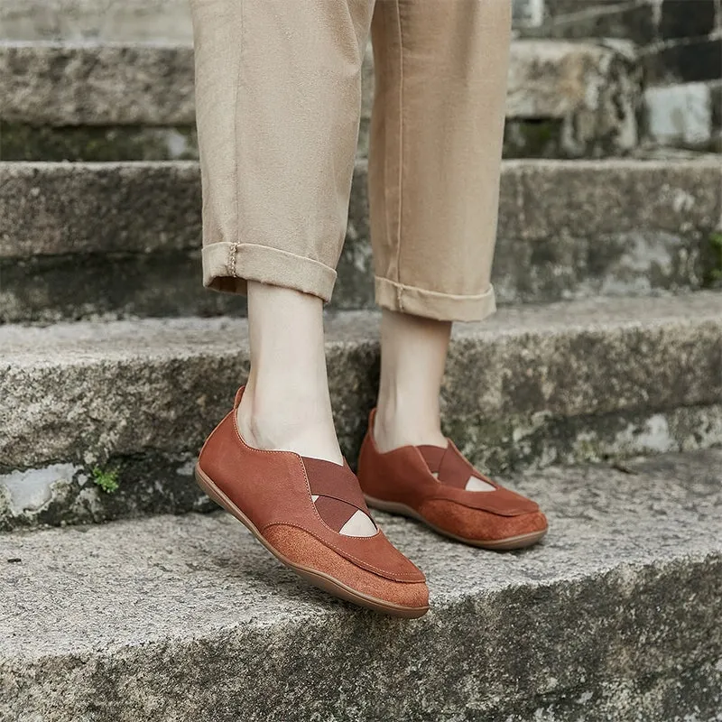 Genuine Leather Cross Strap Flat Shoes Round Toe in Brown/Coffee