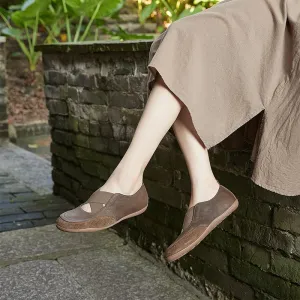 Genuine Leather Cross Strap Flat Shoes Round Toe in Brown/Coffee