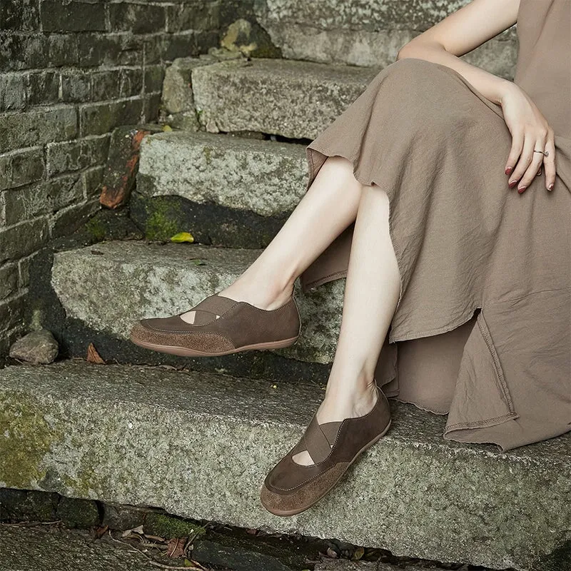 Genuine Leather Cross Strap Flat Shoes Round Toe in Brown/Coffee