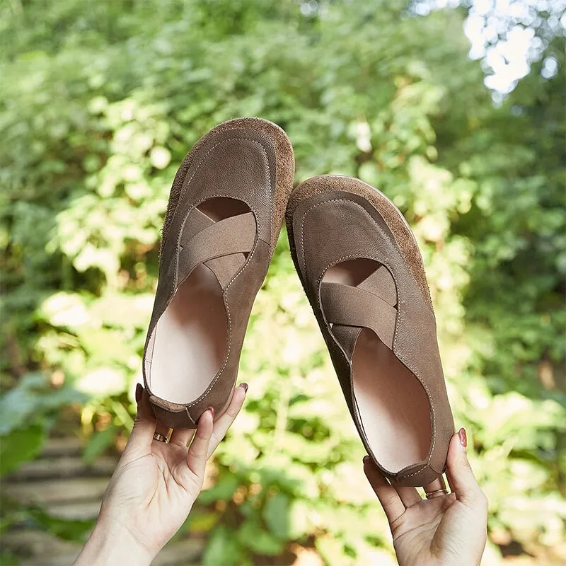 Genuine Leather Cross Strap Flat Shoes Round Toe in Brown/Coffee