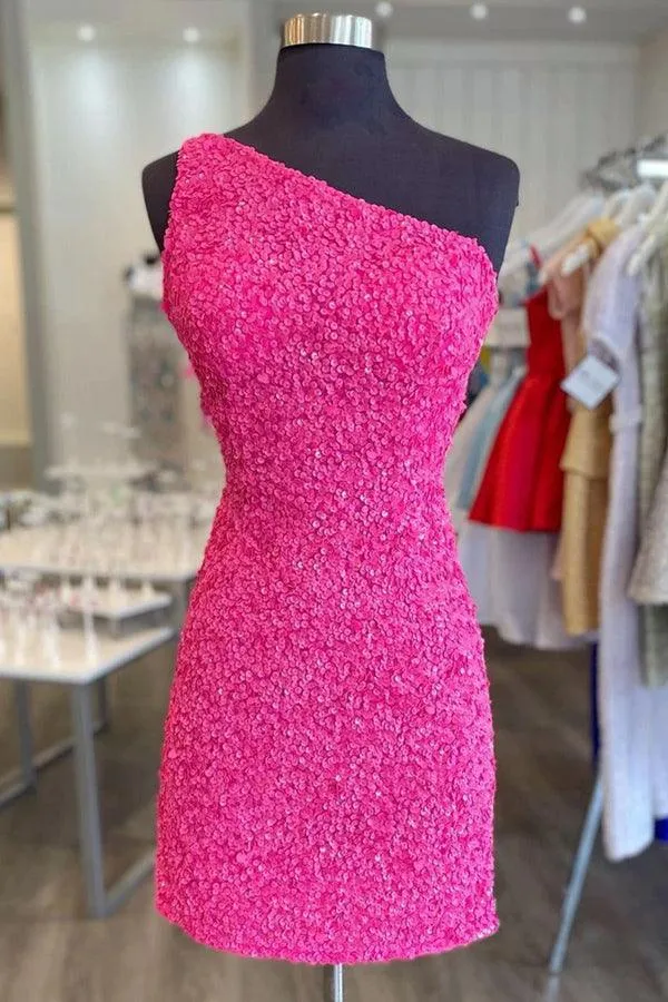 Glitter One-Shoulder Hot Pink Homecoming Dress With Sequins PD462