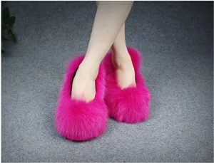 Hairy Big Fluffy Heels With Real Fox Fur And Wedge Platform For Woman Heel Shoes Footwear Sandals