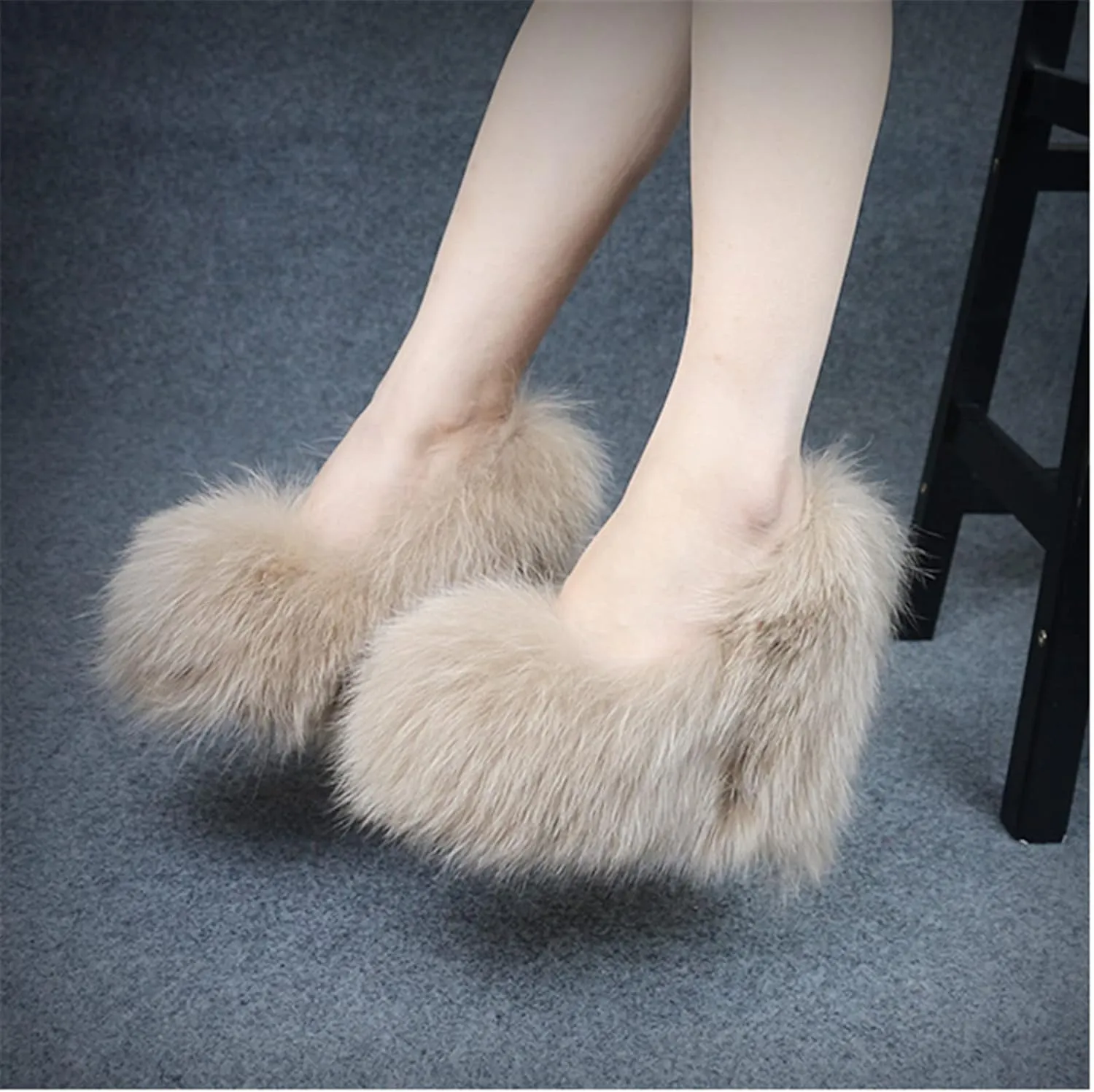 Hairy Big Fluffy Heels With Real Fox Fur And Wedge Platform For Woman Heel Shoes Footwear Sandals