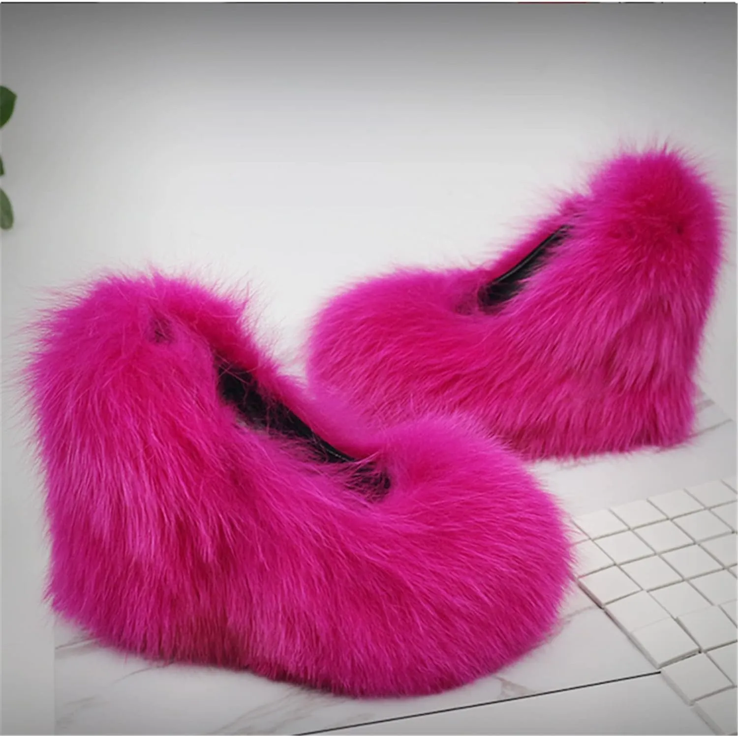 Hairy Big Fluffy Heels With Real Fox Fur And Wedge Platform For Woman Heel Shoes Footwear Sandals