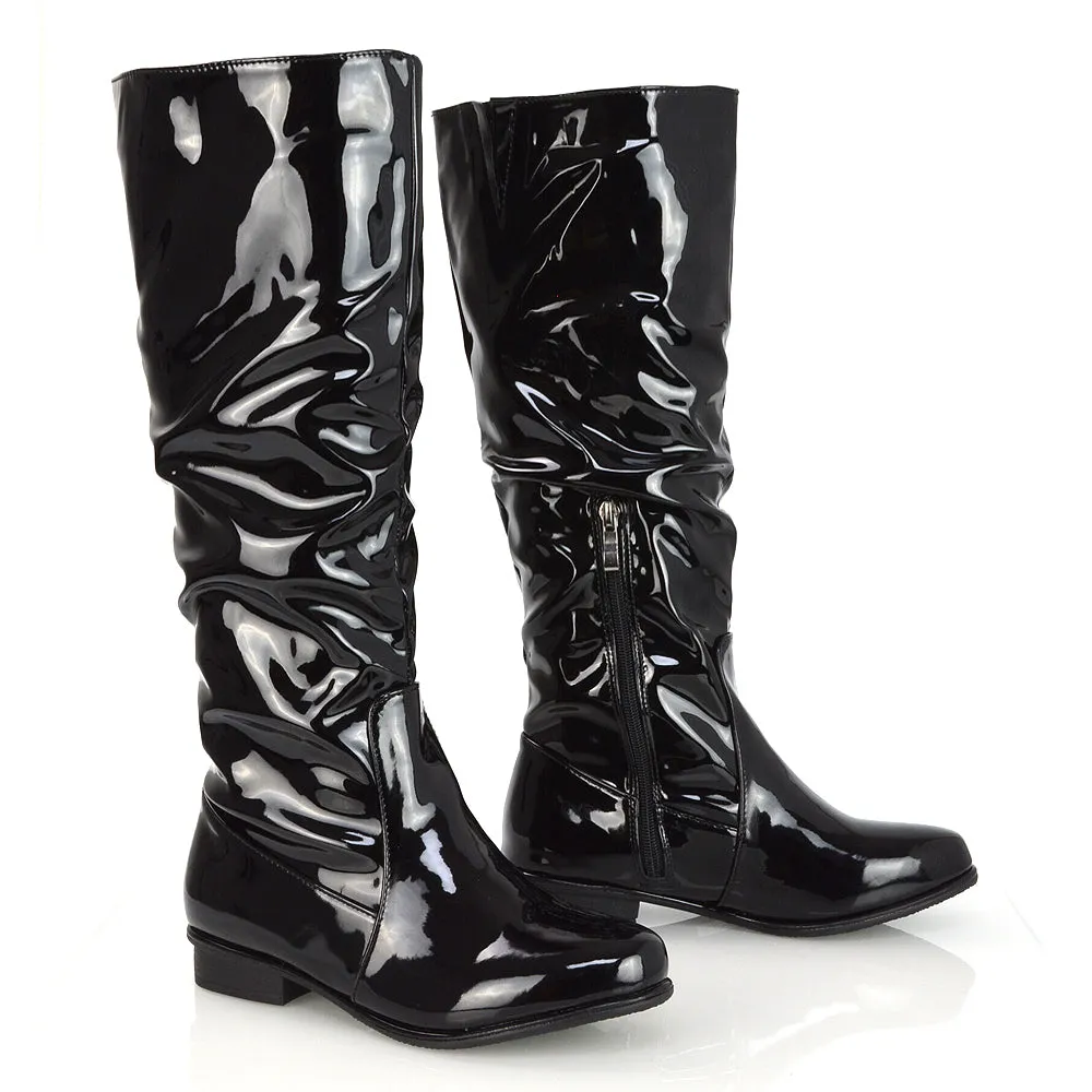 Kacey Slouch Detail Zip up Flat Knee High Long Riding Boots in Black Synthetic Leather