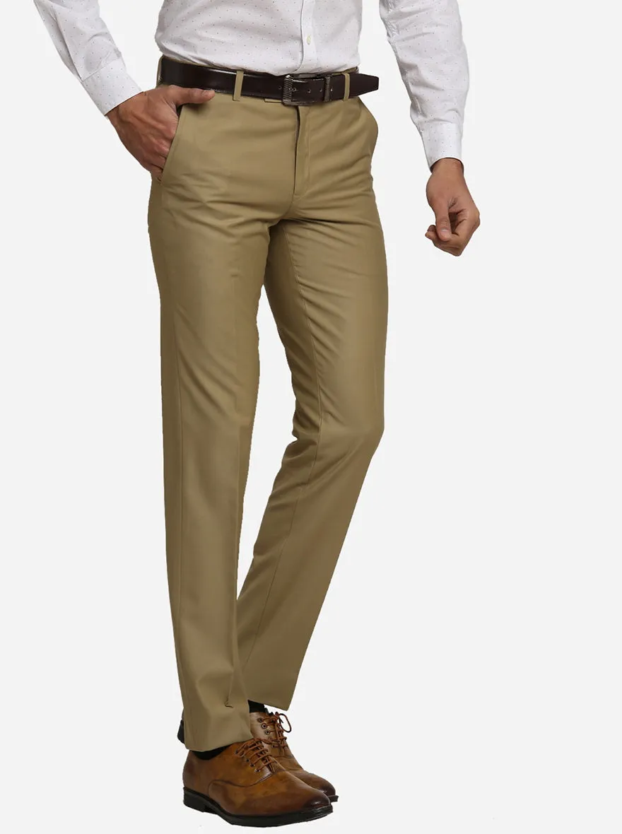 Khaki Self Design Slim Fit Formal Trouser | Metal