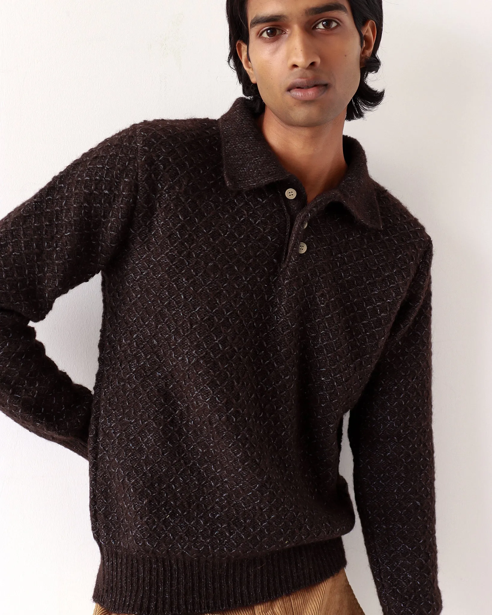 Kier Knitted Polo - Slate Brown Diamond Cable