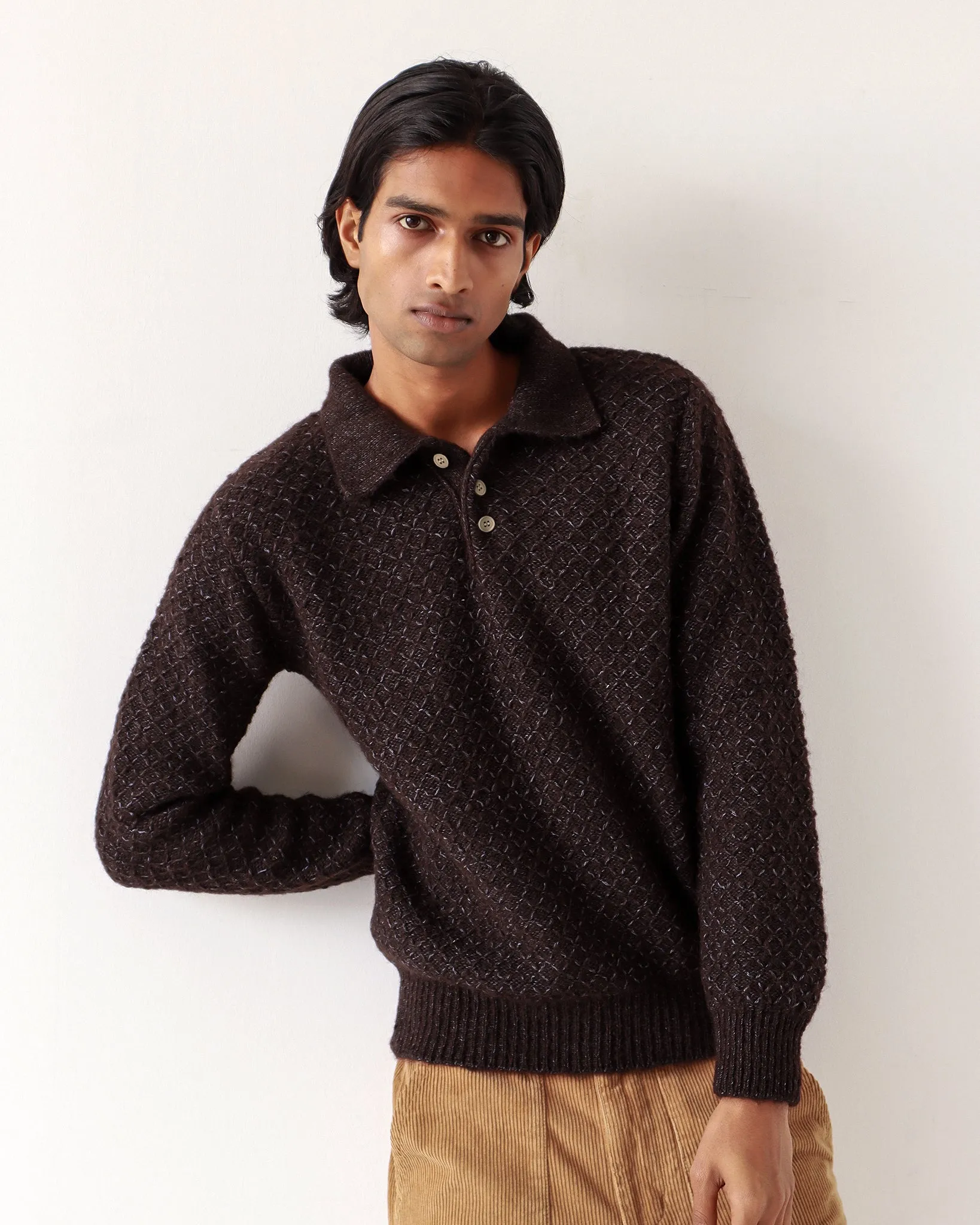 Kier Knitted Polo - Slate Brown Diamond Cable