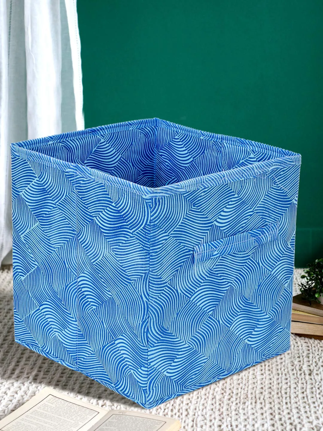 Kuber Industries Leheriya Print Non Woven 4 Pieces Fabric Foldable Cubes Storage Box with Handle, Extra Large (Blue)-KUBMART2096