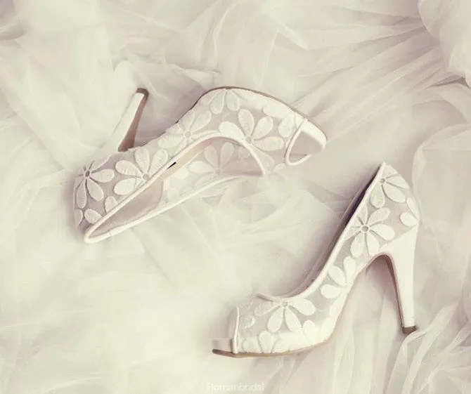 Lace Fish Toe White High Heels Wedding Bridal Shoes, S015