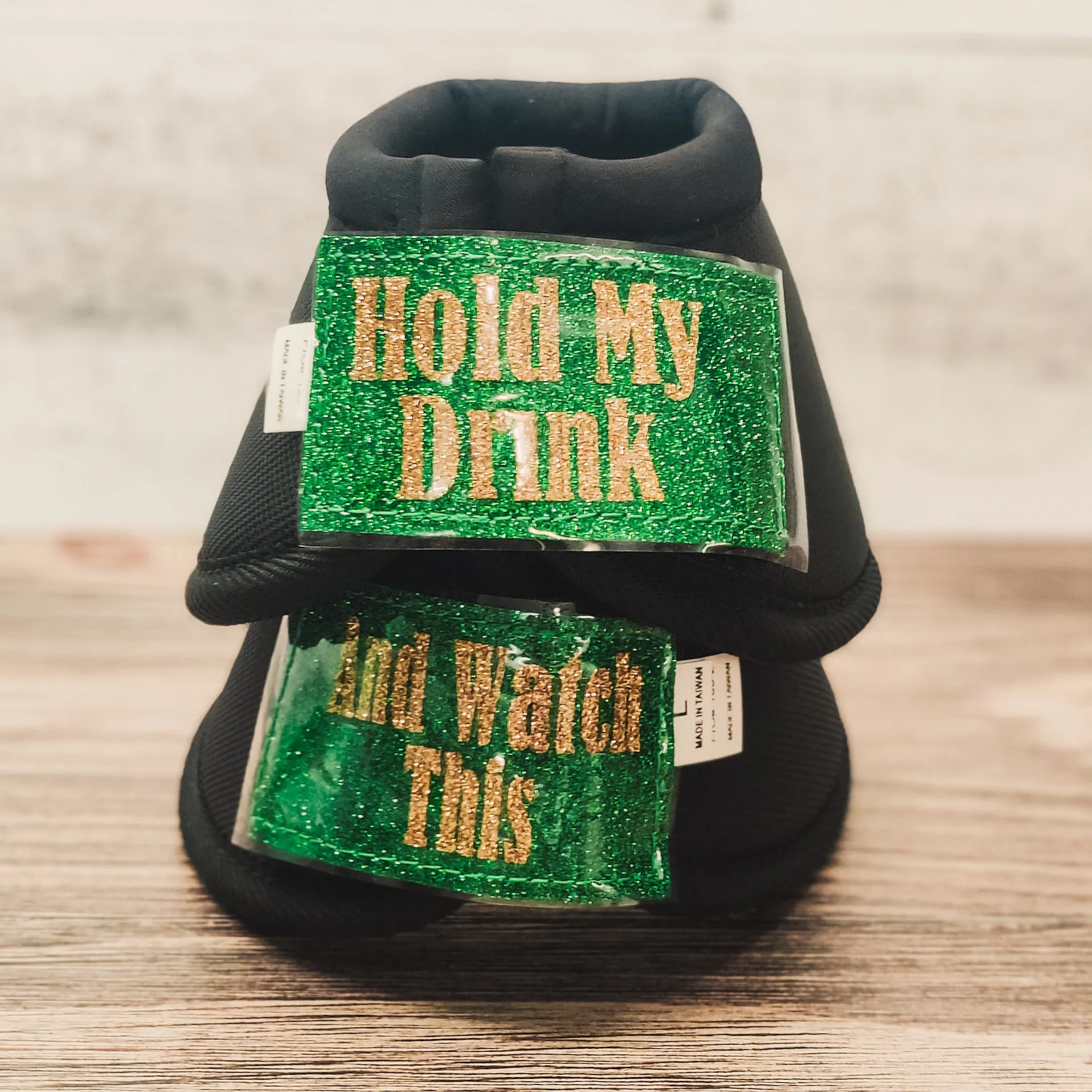 Large "Hold My Drink" Black Iconoclast Bells w/ Green Glitter