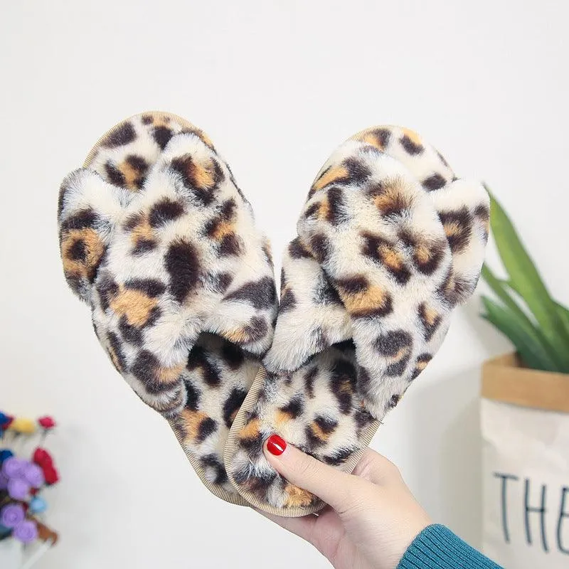 Leopard Print Cross Fluffy Slippers Female Home