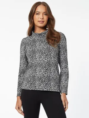 Leopard Print Puff-Sleeve Turtleneck Top