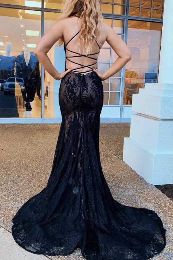 Mermaid Lace Spaghetti Straps Cross Back Black Prom Dress PG924