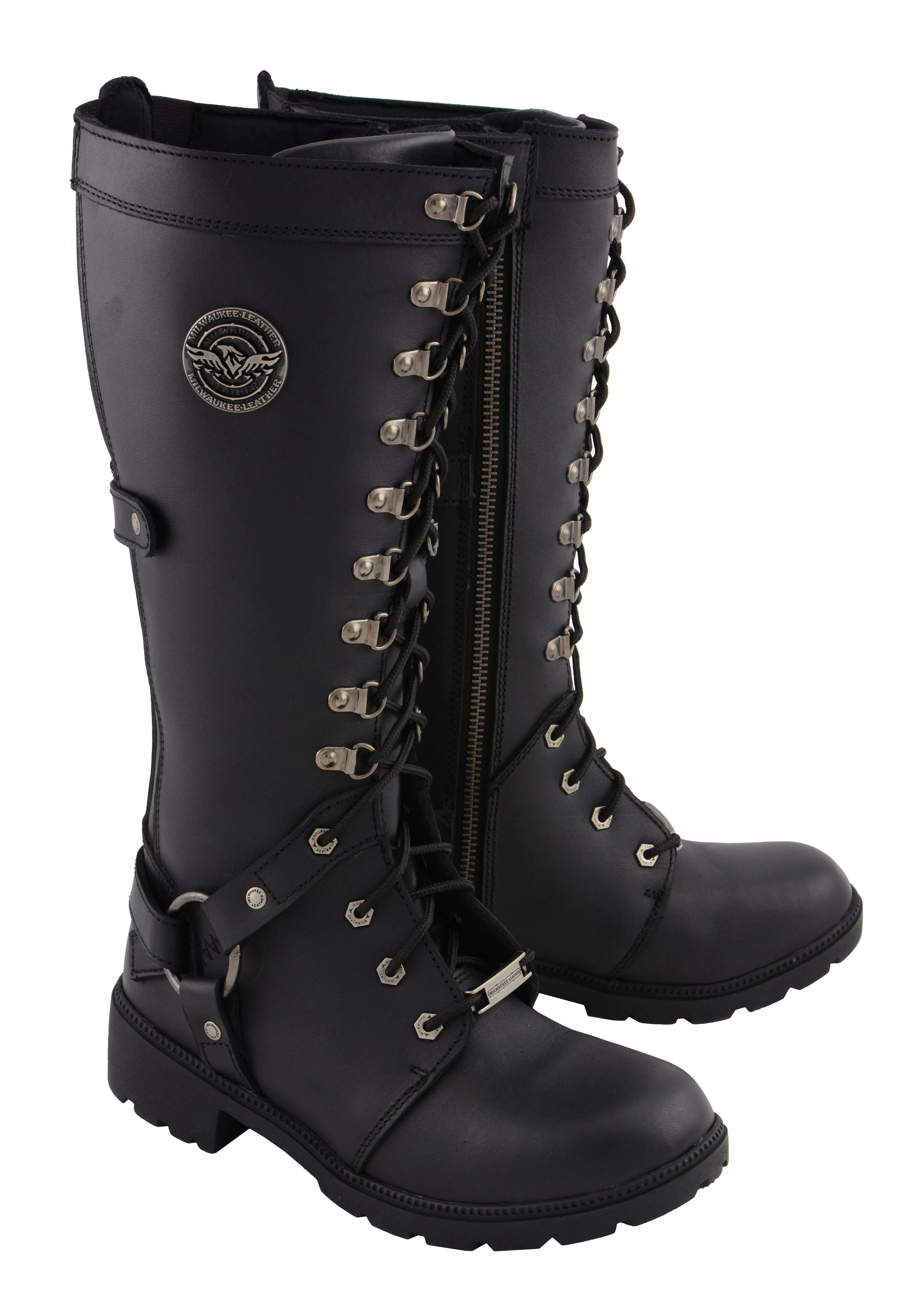 Milwaukee Leather MBL9380 Women's Black 'Jane' 15-inch Leather Combat Style Harness Motorcycle Boots