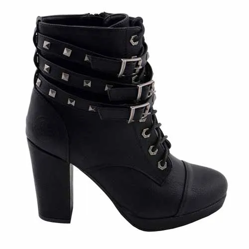 Milwaukee Leather MBL9417 Women's Black Lace-Up Fashion Boots with Triple Strap Studded Accents