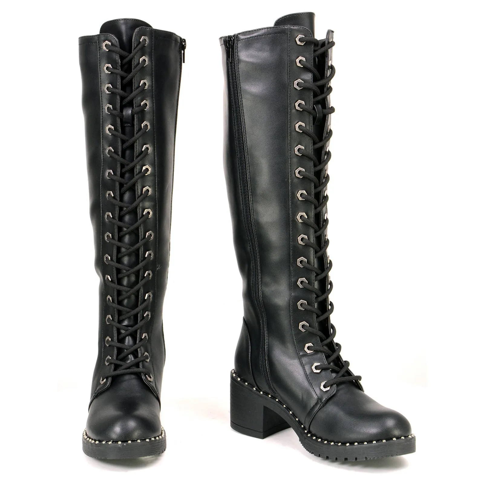 Milwaukee Leather MBL9442 Women's Black Lace-Up Tall Biker Fashion Boots with Platform Heel & Studs