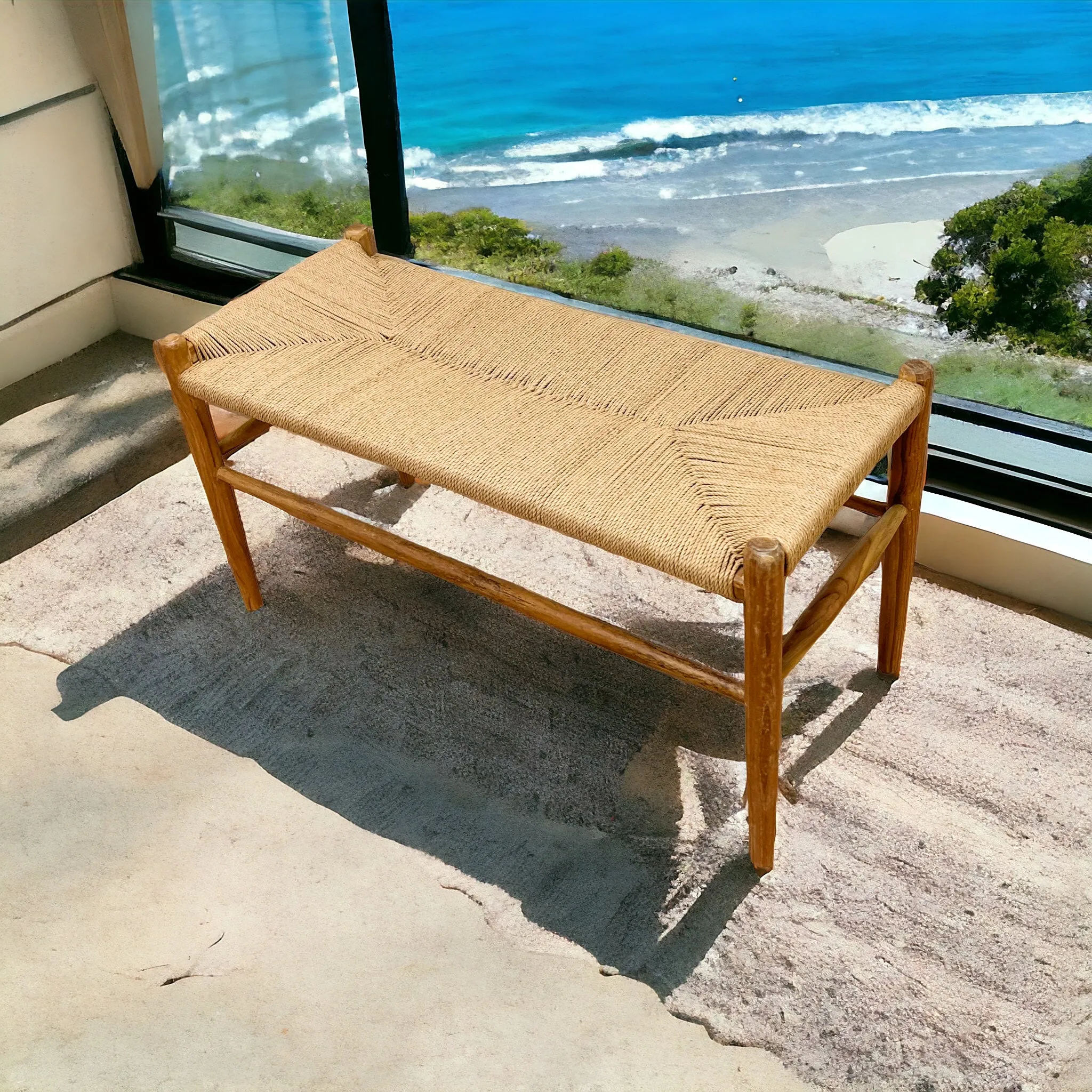 Natural Teak Wood and Rush Bench