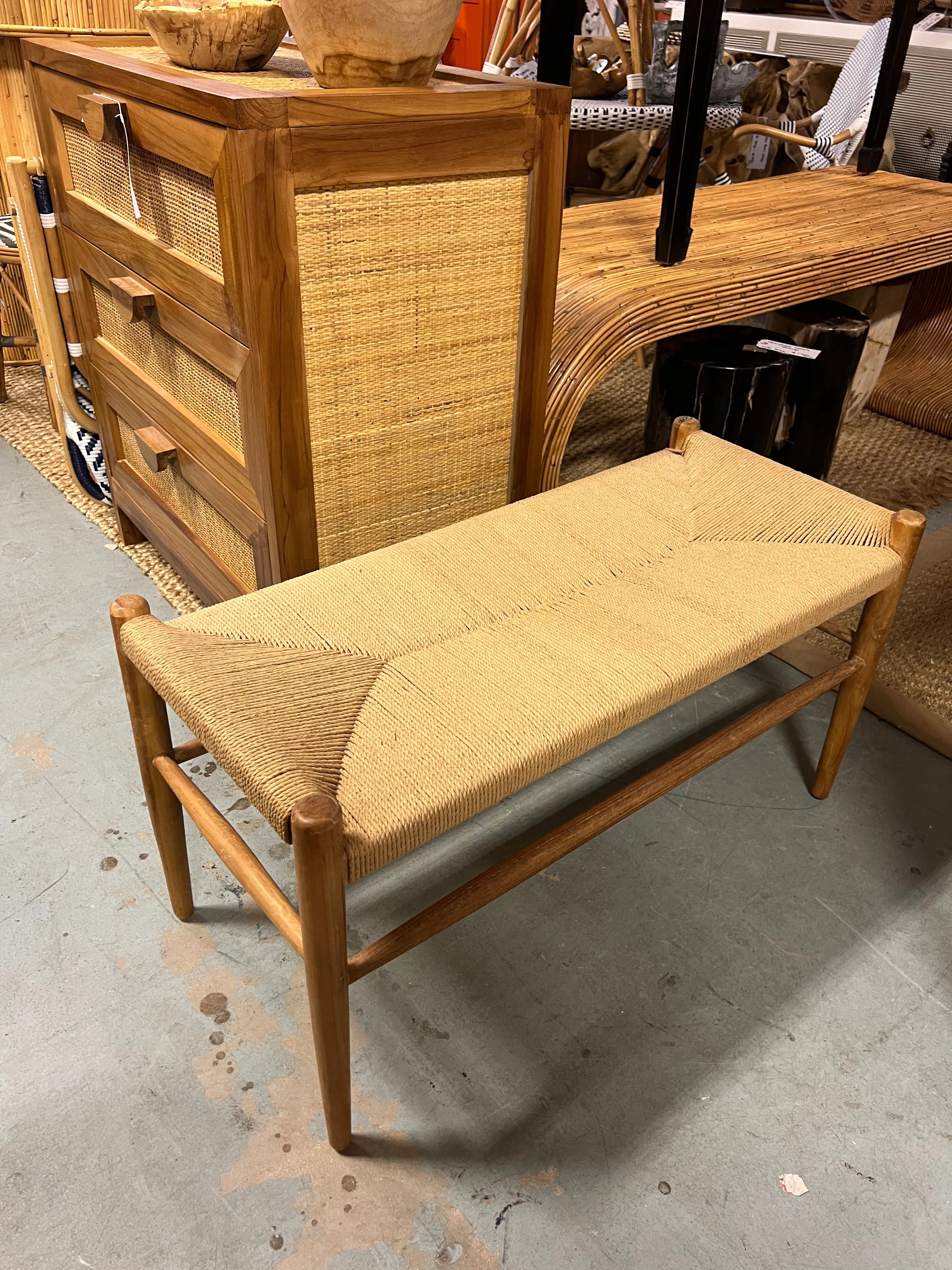 Natural Teak Wood and Rush Bench