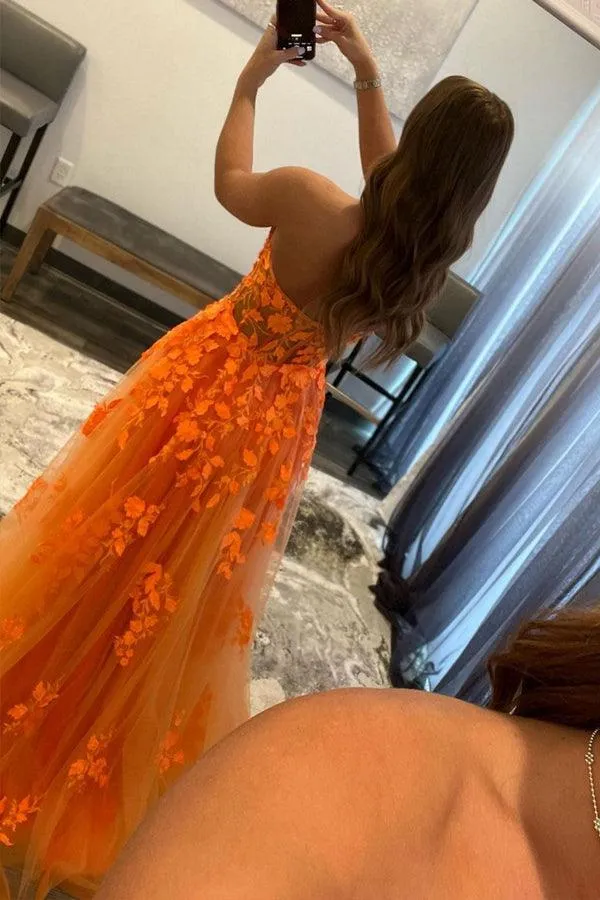 Orange Tulle Lace Long Prom Dress Orange Tulle Formal Evening Dress PSK366