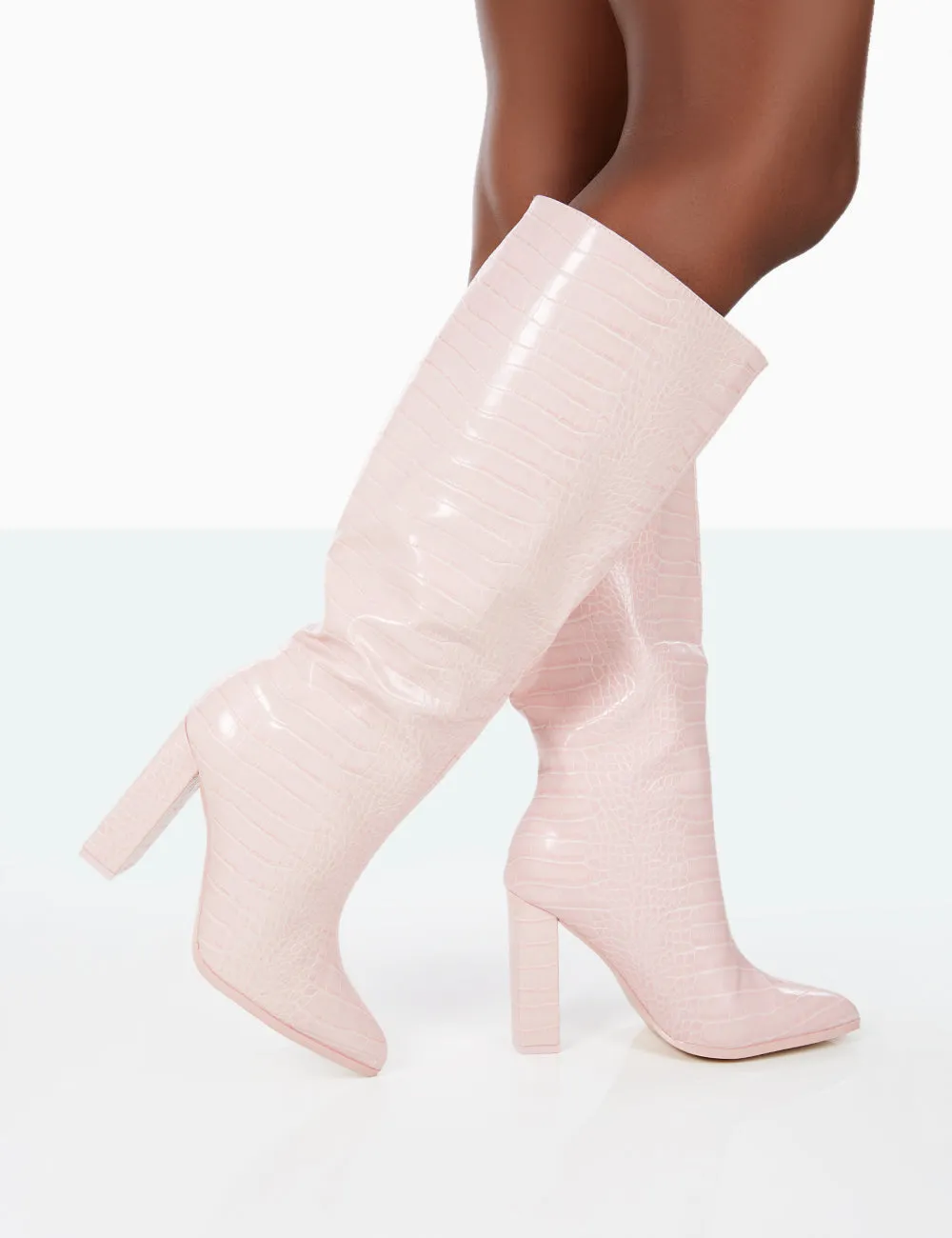 Posie Wide Fit Baby Pink Croc PU Knee High Block Heel Boots