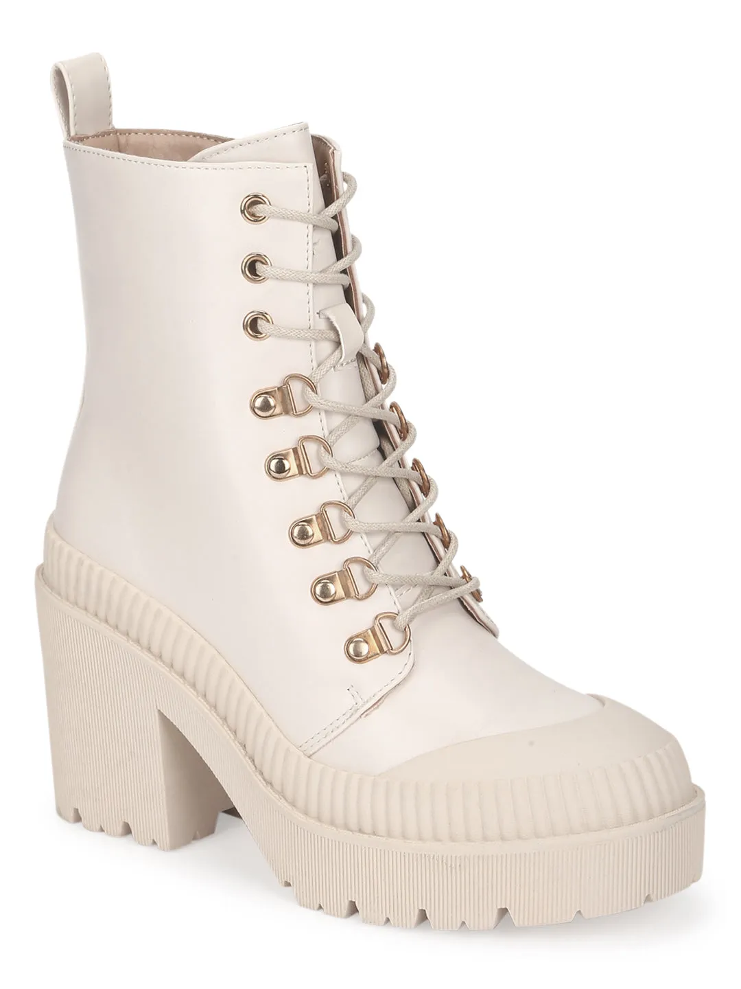 Putty Beige PU Lace Up Block Heel Ankle Boots