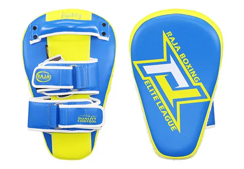 RAJA RTMP-9 MUAY THAI BOXING MMA PUNCHING AIR LONG FOCUS MITTS KICK PADS Cooltex PU Leather 35.5 x 22.5 x 7 cm Blue Yellow