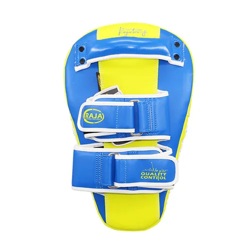 RAJA RTMP-9 MUAY THAI BOXING MMA PUNCHING AIR LONG FOCUS MITTS KICK PADS Cooltex PU Leather 35.5 x 22.5 x 7 cm Blue Yellow