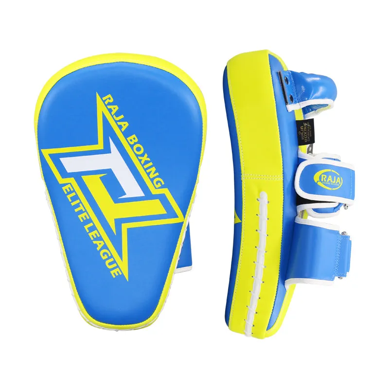 RAJA RTMP-9 MUAY THAI BOXING MMA PUNCHING AIR LONG FOCUS MITTS KICK PADS Cooltex PU Leather 35.5 x 22.5 x 7 cm Blue Yellow