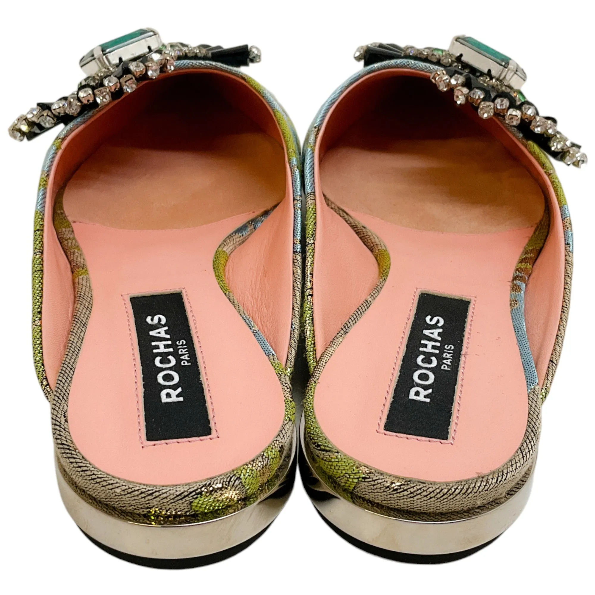 Rochas Green / Blue Jacquard Mules with Crystal Embellishments