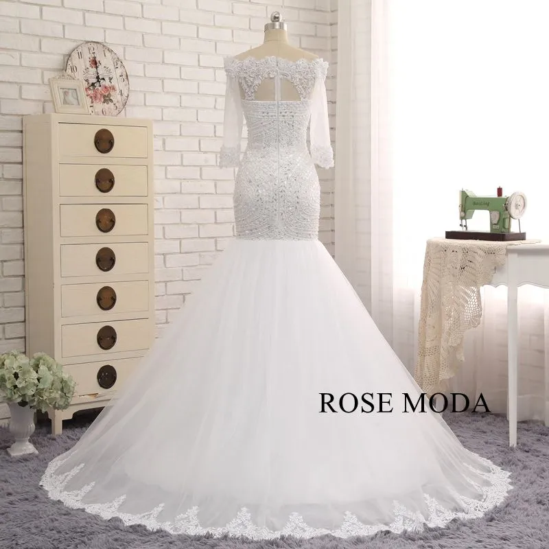 Rosemoda Off-the-shoulder Delicate Beading Mermaid Wedding Dress with Long Sleeve