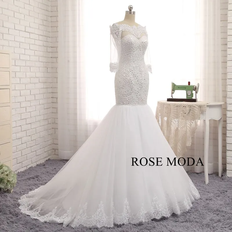 Rosemoda Off-the-shoulder Delicate Beading Mermaid Wedding Dress with Long Sleeve