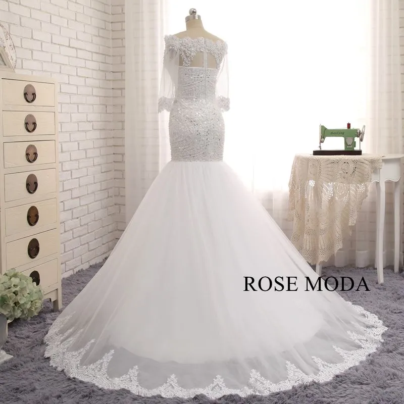 Rosemoda Off-the-shoulder Delicate Beading Mermaid Wedding Dress with Long Sleeve