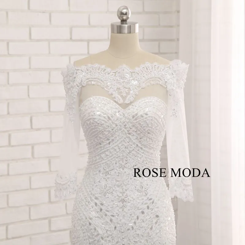 Rosemoda Off-the-shoulder Delicate Beading Mermaid Wedding Dress with Long Sleeve