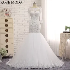 Rosemoda Off-the-shoulder Delicate Beading Mermaid Wedding Dress with Long Sleeve