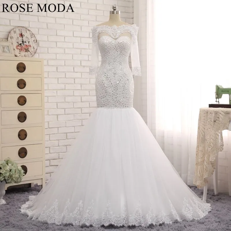 Rosemoda Off-the-shoulder Delicate Beading Mermaid Wedding Dress with Long Sleeve