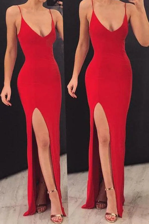 Sheath V Neck Spaghetti Straps Red Elastic Satin Long Prom Dresses PG797