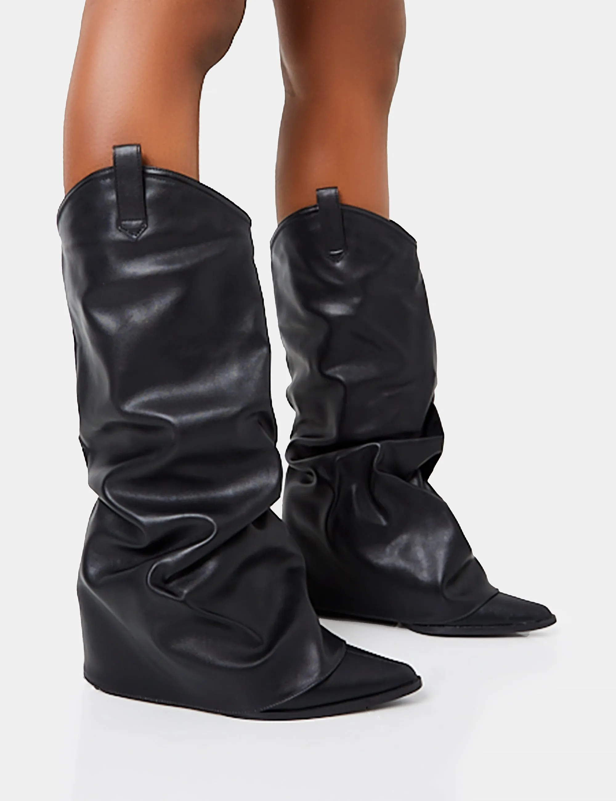 Sheriff Black Pu Western Inspired Fold Over Pointed Toe Block Heeled Cowboy Knee High Boots