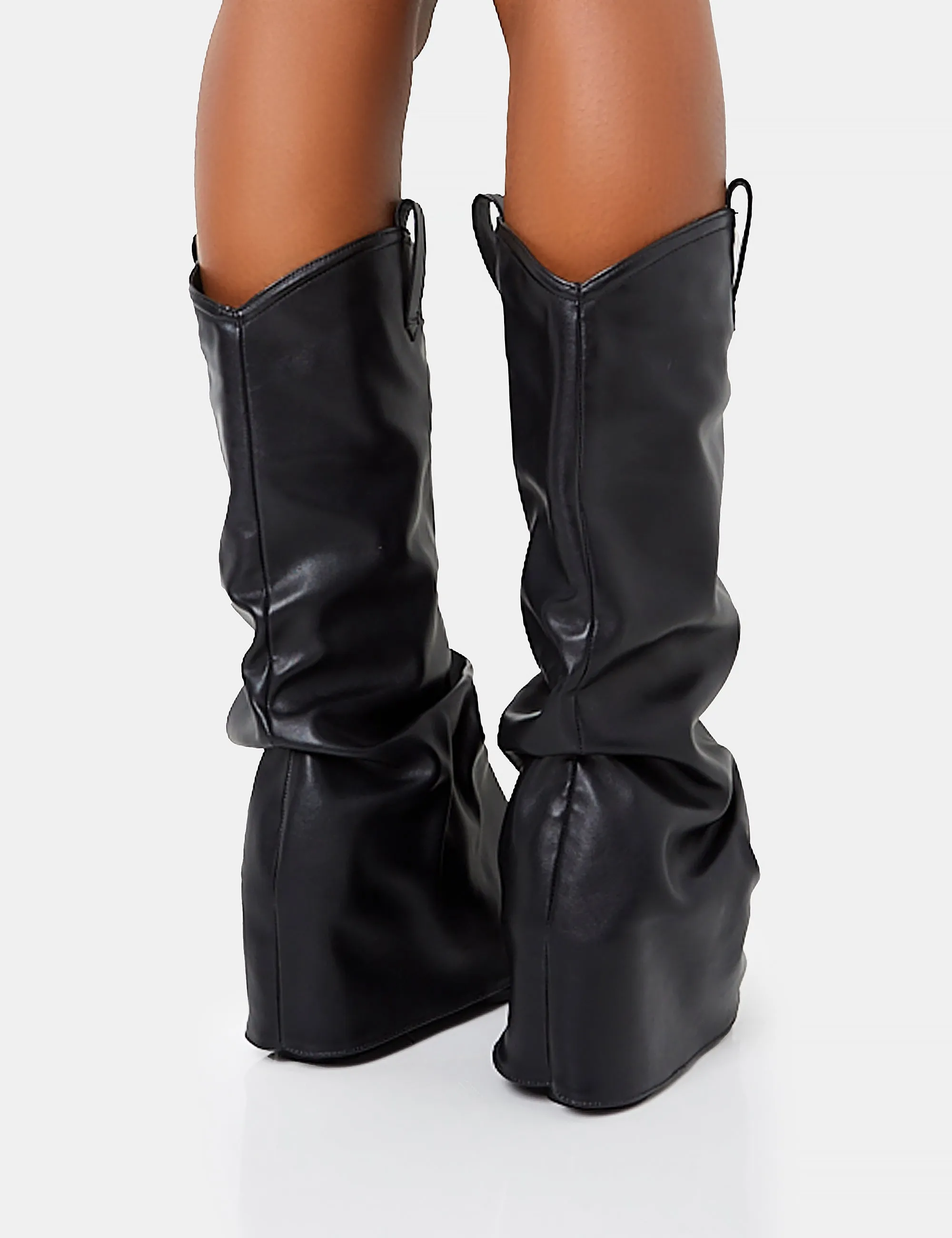 Sheriff Black Pu Western Inspired Fold Over Pointed Toe Block Heeled Cowboy Knee High Boots