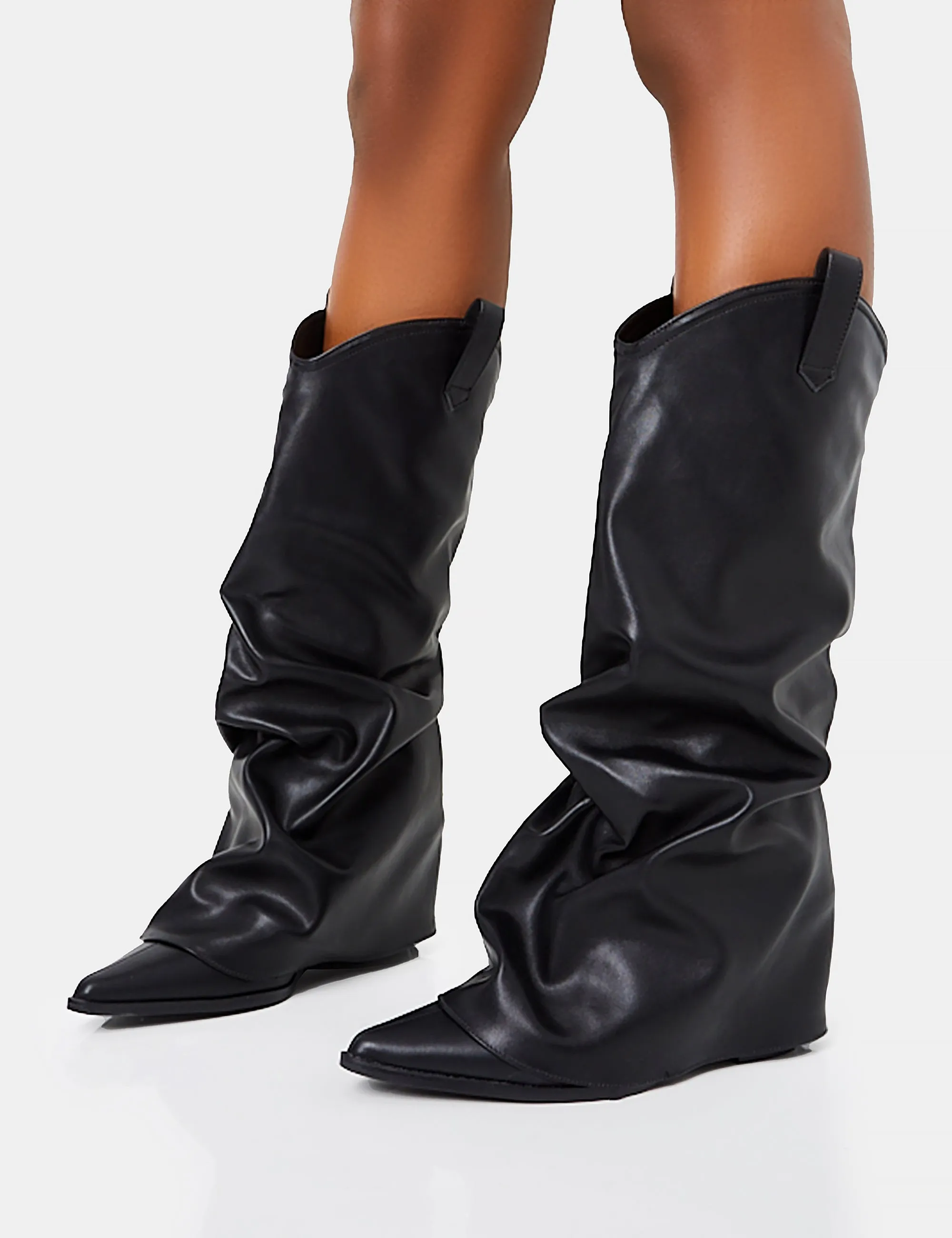 Sheriff Black Pu Western Inspired Fold Over Pointed Toe Block Heeled Cowboy Knee High Boots