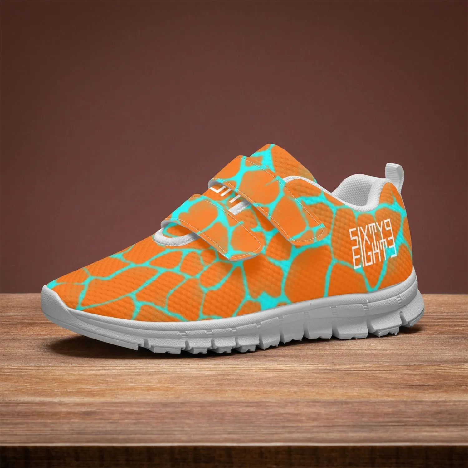 Sixty Eight 93 Logo White Boa Orange & Aqua Blue Kids Lightweight Velcro Shoe