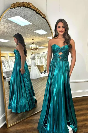 Sweetheart Metallic Pleated Emerald Green Long Prom Dress PSK591