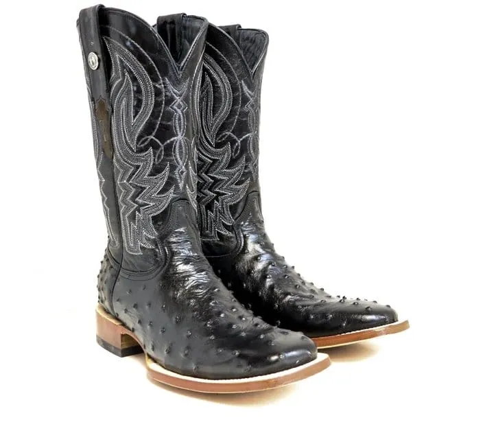 Tanner Mark Men's Checotah Print Ostrich Square Toe Boots Black TM200963